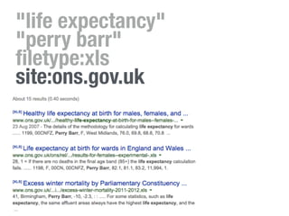 "life expectancy"  
"perry barr"  
ﬁletype:xls  
site:ons.gov.uk
 