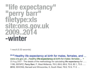 "life expectancy"  
"perry barr"  
ﬁletype:xls  
site:ons.gov.uk  
2009..2014  
-winter
 