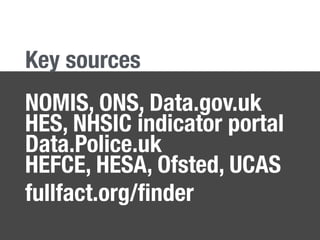 NOMIS, ONS, Data.gov.uk
HES, NHSIC indicator portal 
Data.Police.uk 
HEFCE, HESA, Ofsted, UCAS
fullfact.org/ﬁnder
Key sources
 