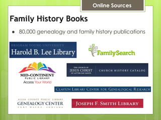 Family History Books
● 80,000 genealogy and family history publications
Online Sources
 