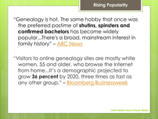 “Genealogy is hot. The same hobby that once was
the preferred pastime of shutins, spinsters and
confirmed bachelors has become widely
popular...There's a broad, mainstream interest in
family history” – ABC News
“Visitors to online genealogy sites are mostly white
women, 55 and older, who browse the Internet
from home...It’s a demographic projected to
grow 36 percent by 2020, three times as fast as
any other group.” – Bloomberg Businessweek
Rising Popularity
©2014 Amber Case & Cherie' Weible
 