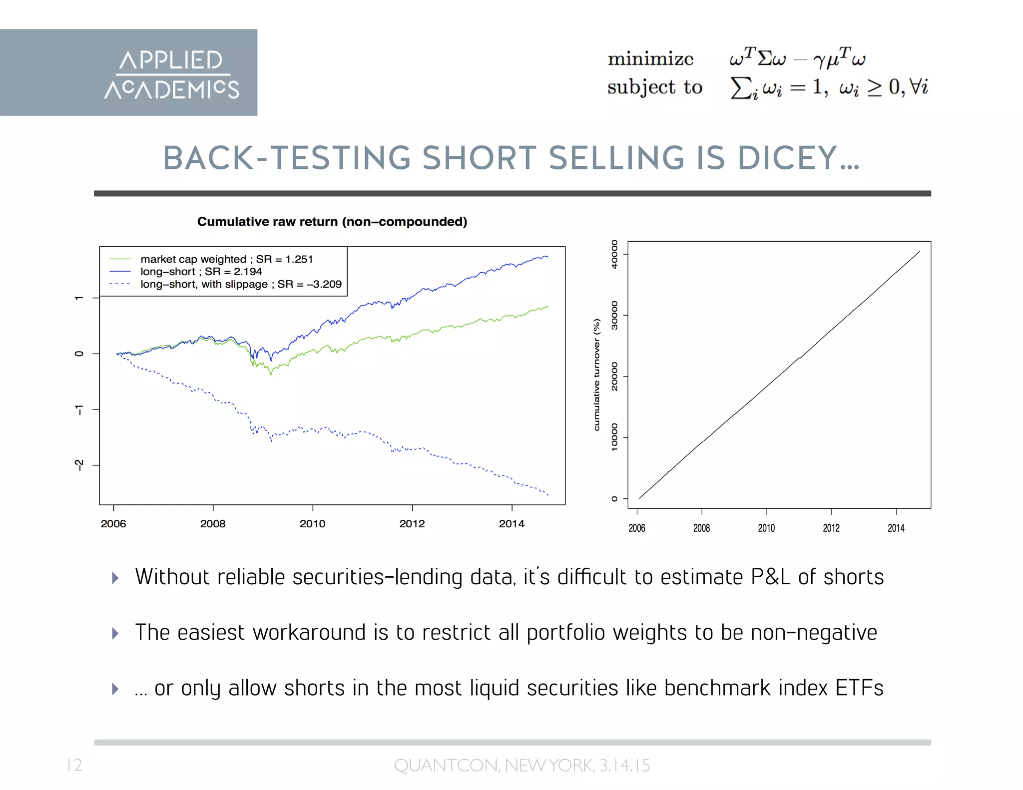 12	

BACK-TESTING SHORT SELLING IS DICEY…
QUANTCON, NEWYORK, 3.14.15	

  Without reliable securities-lending data, it’s difficult to estimate P&L of shorts
  The easiest workaround is to restrict all portfolio weights to be non-negative
  … or only allow shorts in the most liquid securities like benchmark index ETFs
 