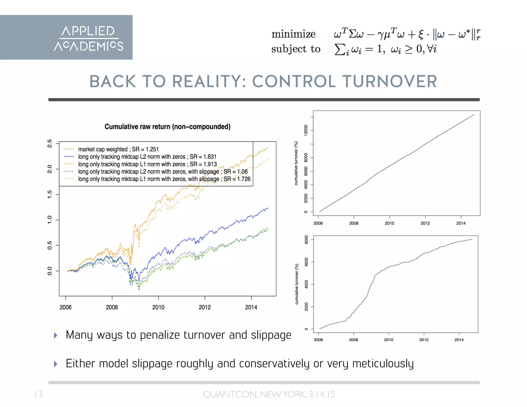 13	

BACK TO REALITY: CONTROL TURNOVER
QUANTCON, NEWYORK, 3.14.15	

  Many ways to penalize turnover and slippage
  Either model slippage roughly and conservatively or very meticulously
 