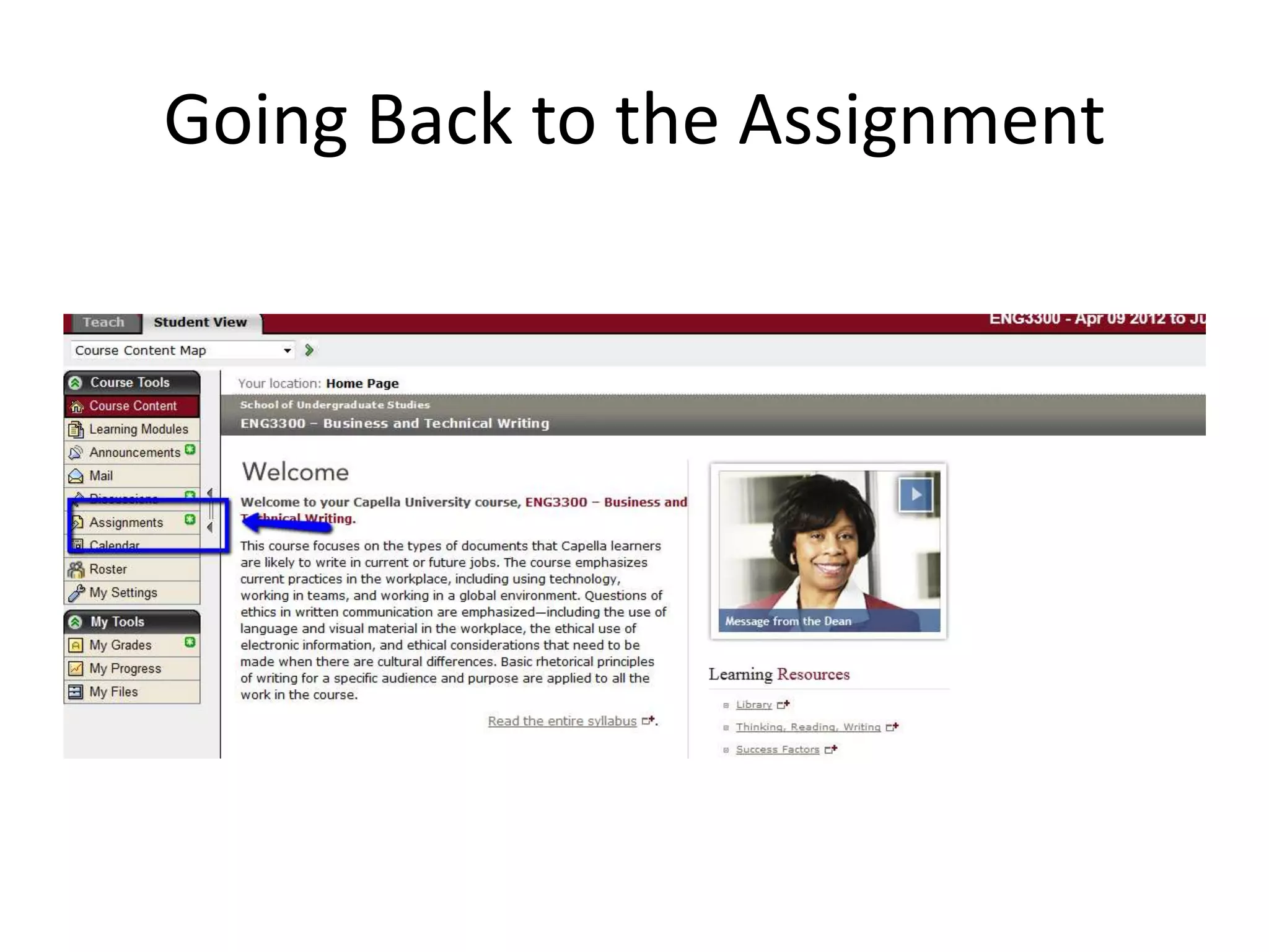 Going Back to the Assignment
 