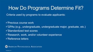 How Do Programs Determine Fit?
Criteria used by programs to evaluate applicants:
Previous course work
GPAs (e.g., undergraduate, undergraduate major, graduate, etc.)
Standardized test scores
Research, work, and/or volunteer experience
Reference letters
 