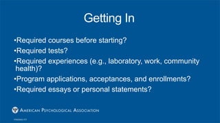 Getting In
•Required courses before starting?
•Required tests?
•Required experiences (e.g., laboratory, work, community
health)?
•Program applications, acceptances, and enrollments?
•Required essays or personal statements?
 