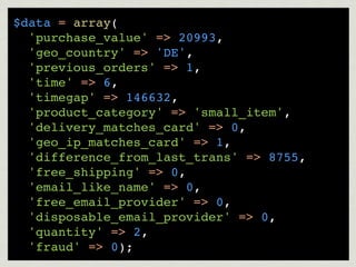 $data = array(
  'purchase_value' => 20993,
  'geo_country' => 'DE',
  'previous_orders' => 1,
  'time' => 6,
  'timegap' => 146632,
  'product_category' => 'small_item',
  'delivery_matches_card' => 0,
  'geo_ip_matches_card' => 1,
  'difference_from_last_trans' => 8755,
  'free_shipping' => 0,
  'email_like_name' => 0,
  'free_email_provider' => 0,
  'disposable_email_provider' => 0,
  'quantity' => 2,
  'fraud' => 0);
 