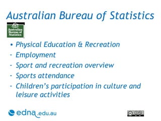 Australian Bureau of Statistics Physical Education & Recreation  Employment  Sport and recreation overview Sports attendance Children’s participation in culture and leisure activities 