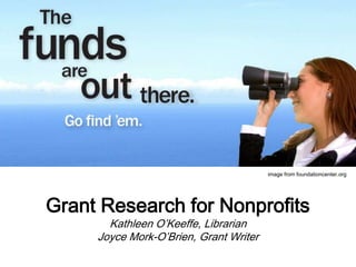 Grant Research for Nonprofits
Kathleen O’Keeffe, Librarian
Joyce Mork-O’Brien, Grant Writer
image from foundationcenter.org
 
