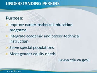UNDERSTANDING PERKINS


Purpose:
> Improve career-technical education
  programs
> Integrate academic and career-technical
  instruction
> Serve special populations
> Meet gender equity needs
                             (www.cde.ca.gov)
 