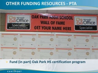 OTHER FUNDING RESOURCES - PTA

> Donors Choose
    www.donorschoose.org
    Request funding with project description
> Grantmakers for Education
    http://www.edfunders.org/index.asp
> Bill & Melinda Gates Foundation
> US DOE (Slim Pickings, but they’re out there)
    http://www2.ed.gov/fund/grant/apply/grantapps/index.h
     tml
> Fund (in part) Oak Park HS certification program
 