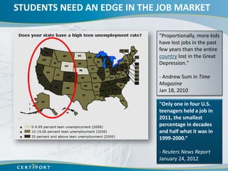 STUDENTS NEED AN EDGE IN THE JOB MARKET

                            "Proportionally, more kids
                            have lost jobs in the past
                            few years than the entire
                            country lost in the Great
                            Depression."

                            - Andrew Sum in Time
                            Magazine
                            Jan 18, 2010

                            "Only one in four U.S.
                            teenagers held a job in
                            2011, the smallest
                            percentage in decades
                            and half what it was in
                            1999-2000.“

                            - Reuters News Report
                            January 24, 2012
 