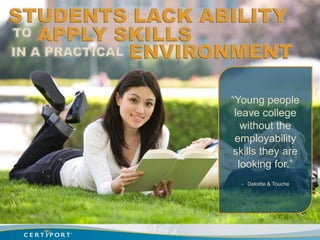 STUDENTS LACK ABILITY
TO APPLY SKILLS
IN A PRACTICAL ENVIRONMENT


                    “Young people
                     leave college
                       without the
                     employability
                     skills they are
                      looking for.”
                      - Deloitte & Touche
 