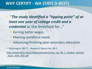 WHY CERTIFY - WA STATE (I-BEST)

> “The study identified a “tipping point” of at
  least one year of college credit and a
  credential as the threshold for…”
    Earning better wages
    Meeting workforce needs
    Advancing/finishing post-secondary education
- Washington SBCTC – Research Report No. 08-1
http://www.sbctc.edu/college/education/resh_rpt_08_1_student_achieve
_basic_skills_003.pdf
 