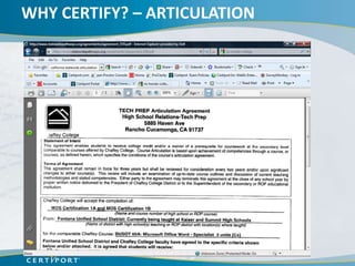 WHY CERTIFY? – ARTICULATION
 