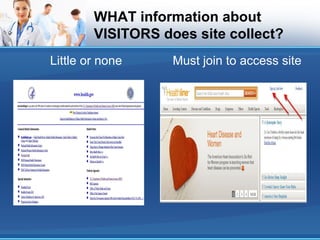 WHAT information about
VISITORS does site collect?
Little or none Must join to access site