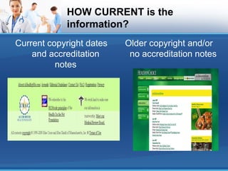 HOW CURRENT is the
information?
Current copyright dates
and accreditation
notes
Older copyright and/or
no accreditation notes