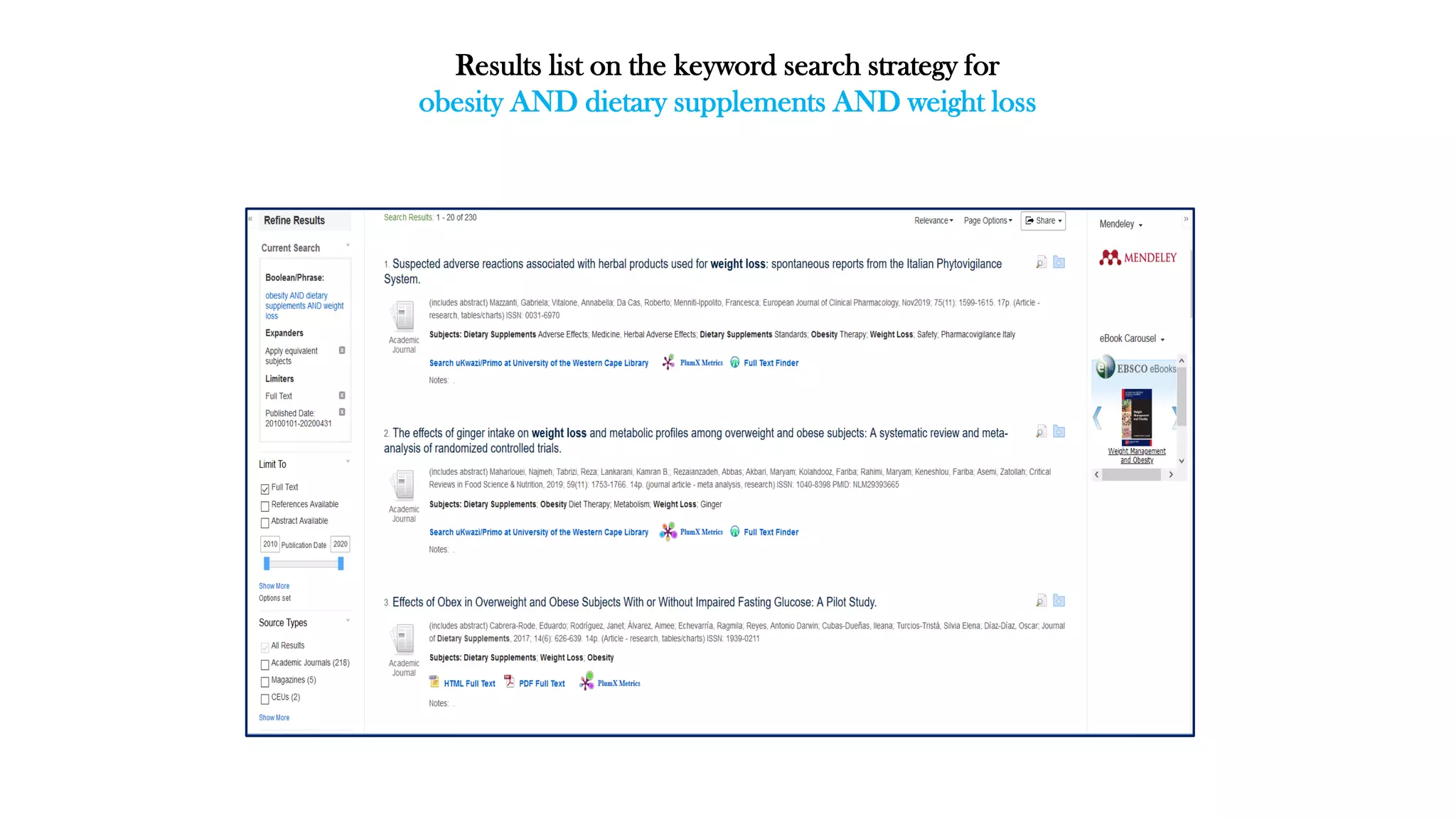 Results list on the keyword search strategy for
obesity AND dietary supplements AND weight loss
 