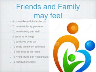 Friends and Family
may feel
Anxious- Resentful-Marbles out
To minimize family problems
To avoid talking with staff
A desire to fix things
To bail loved ones out
To shield client from bad news
To look good to the Public
To Avoid Trying Self Help groups at Home
To feel guilt or shame
 