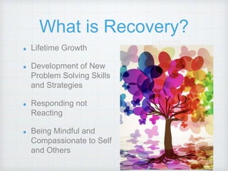 What is Recovery?
Lifetime Growth
Development of New
Problem Solving Skills
and Strategies
Responding not
Reacting
Being Mindful and
Compassionate to Self
and Others
 