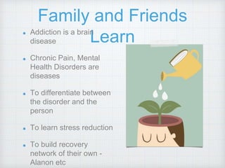 Family and Friends
LearnAddiction is a brain
disease
Chronic Pain, Mental
Health Disorders are
diseases
To differentiate between
the disorder and the
person
To learn stress reduction
To build recovery
network of their own -
Alanon etc
 
