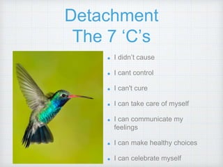 Detachment
The 7 ‘C’s
I didn’t cause
I cant control
I can't cure
I can take care of myself
I can communicate my
feelings
I can make healthy choices
I can celebrate myself
 