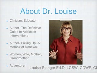 About Dr. Louise
Clinician, Educator
Author- The Definitive
Guide to Addiction
Interventions
Author- Falling Up -A
Memoir of Renewal
Women, Wife, Mother,
Grandmother
Adventurer
Louise Stanger Ed.D. LCSW, CDWF, CI
 