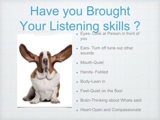 Have you Brought
Your Listening skills ?Eyes- Look at Person in front of
you
Ears- Turn off tune out other
sounds
Mouth-Quiet
Hands- Folded
Body-Lean in
Feet-Quiet on the floor
Brain-Thinking about Whats said
Heart-Open and Compassionate
 