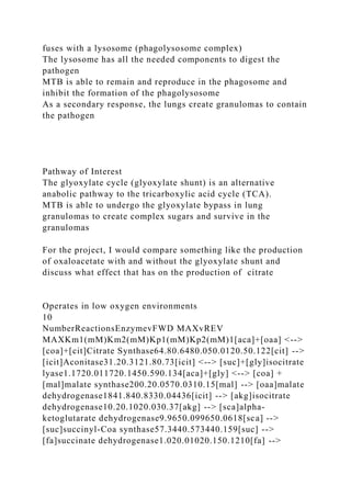 fuses with a lysosome (phagolysosome complex)
The lysosome has all the needed components to digest the
pathogen
MTB is able to remain and reproduce in the phagosome and
inhibit the formation of the phagolysosome
As a secondary response, the lungs create granulomas to contain
the pathogen
Pathway of Interest
The glyoxylate cycle (glyoxylate shunt) is an alternative
anabolic pathway to the tricarboxylic acid cycle (TCA).
MTB is able to undergo the glyoxylate bypass in lung
granulomas to create complex sugars and survive in the
granulomas
For the project, I would compare something like the production
of oxaloacetate with and without the glyoxylate shunt and
discuss what effect that has on the production of citrate
Operates in low oxygen environments
10
NumberReactionsEnzymevFWD MAXvREV
MAXKm1(mM)Km2(mM)Kp1(mM)Kp2(mM)1[aca]+[oaa] <-->
[coa]+[cit]Citrate Synthase64.80.6480.050.0120.50.122[cit] -->
[icit]Aconitase31.20.3121.80.73[icit] <--> [suc]+[gly]isocitrate
lyase1.1720.011720.1450.590.134[aca]+[gly] <--> [coa] +
[mal]malate synthase200.20.0570.0310.15[mal] --> [oaa]malate
dehydrogenase1841.840.8330.04436[icit] --> [akg]isocitrate
dehydrogenase10.20.1020.030.37[akg] --> [sca]alpha-
ketoglutarate dehydrogenase9.9650.099650.0618[sca] -->
[suc]succinyl-Coa synthase57.3440.573440.159[suc] -->
[fa]succinate dehydrogenase1.020.01020.150.1210[fa] -->
 