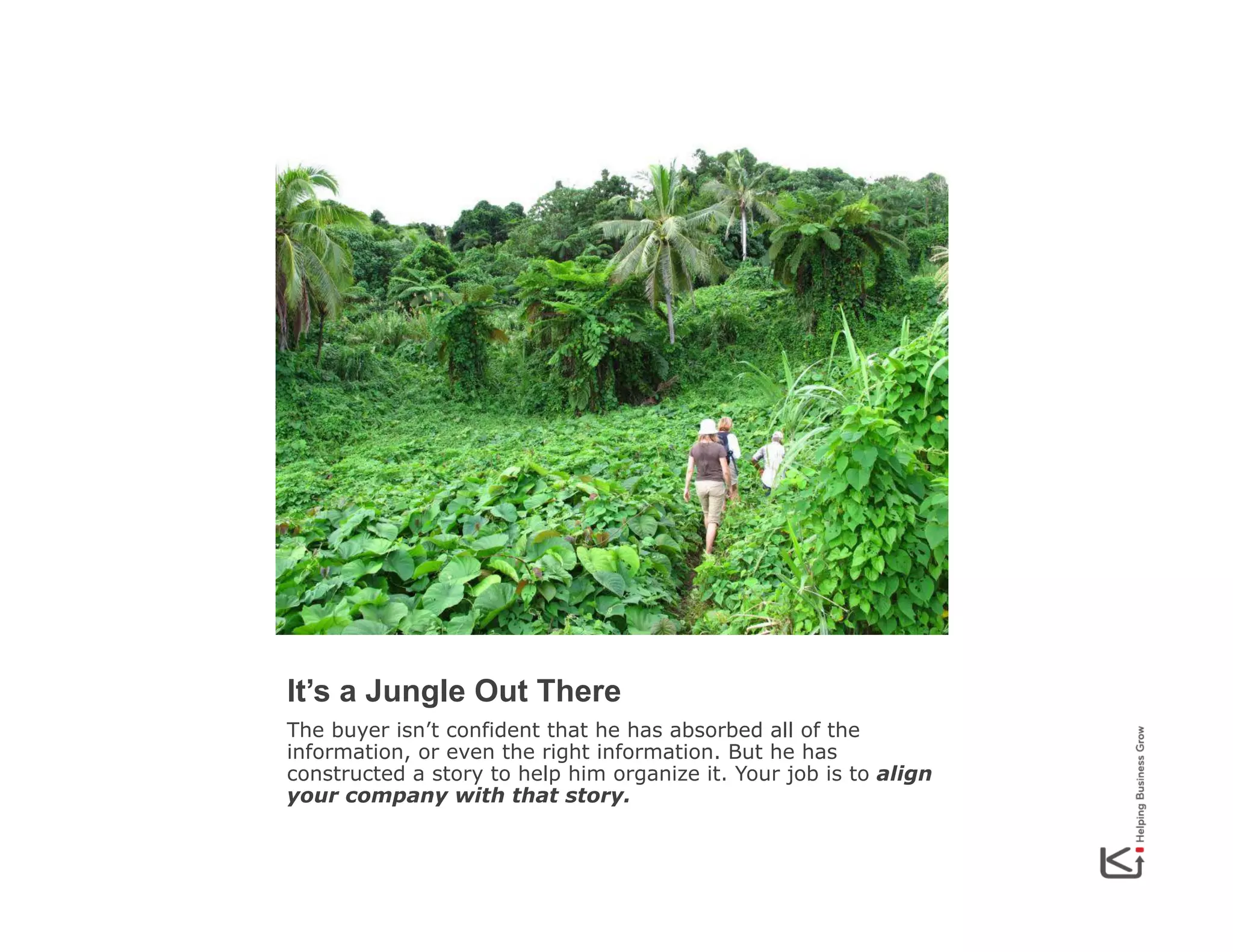 It’s a Jungle Out There
The buyer isn’t confident that he has absorbed all of the
information, or even the right information. But he has
constructed a story to help him organize it. Your job is to align
your company with that story.

 