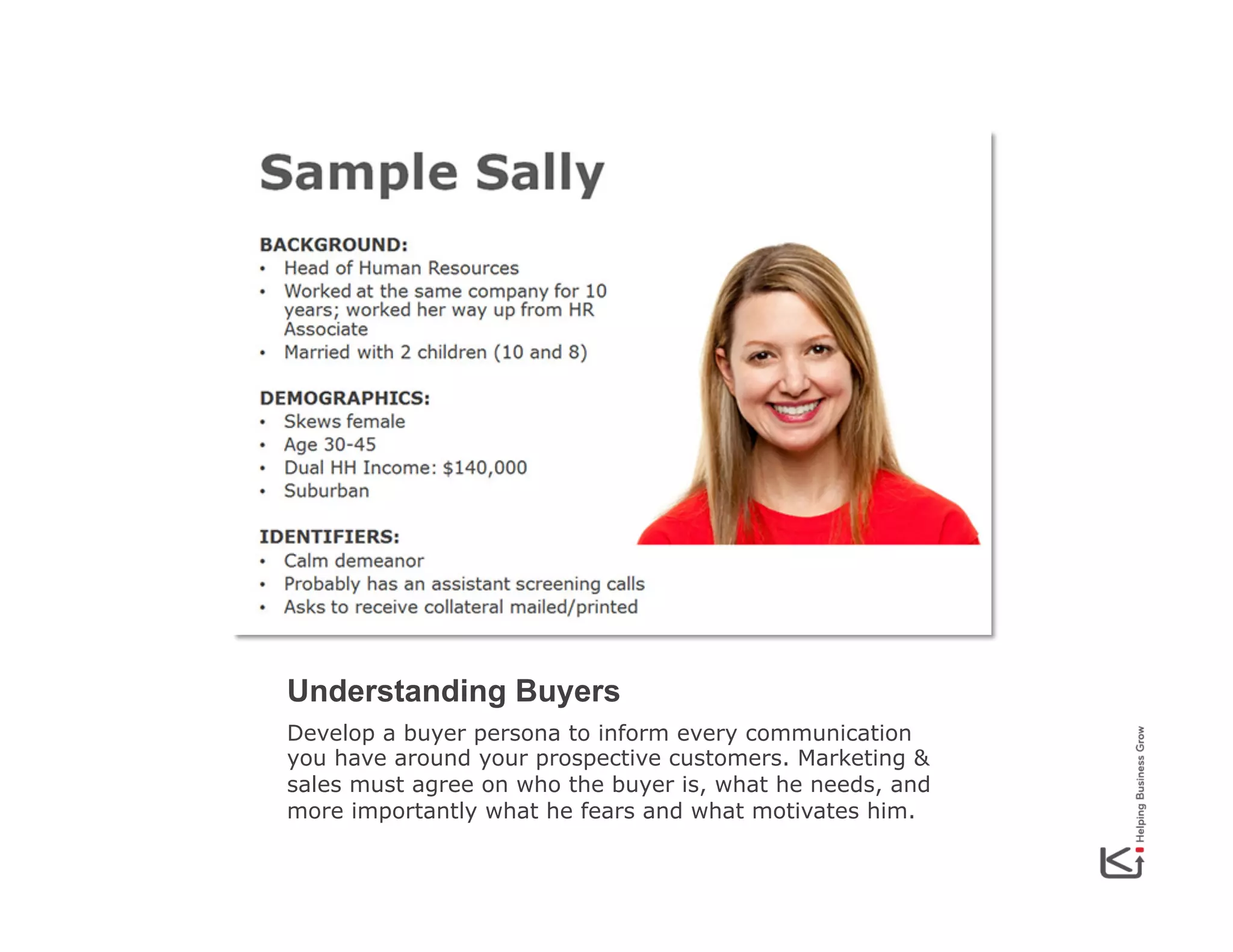Understanding Buyers
Develop a buyer persona to inform every communication
you have around your prospective customers. Marketing &
sales must agree on who the buyer is, what he needs, and
more importantly what he fears and what motivates him.

 