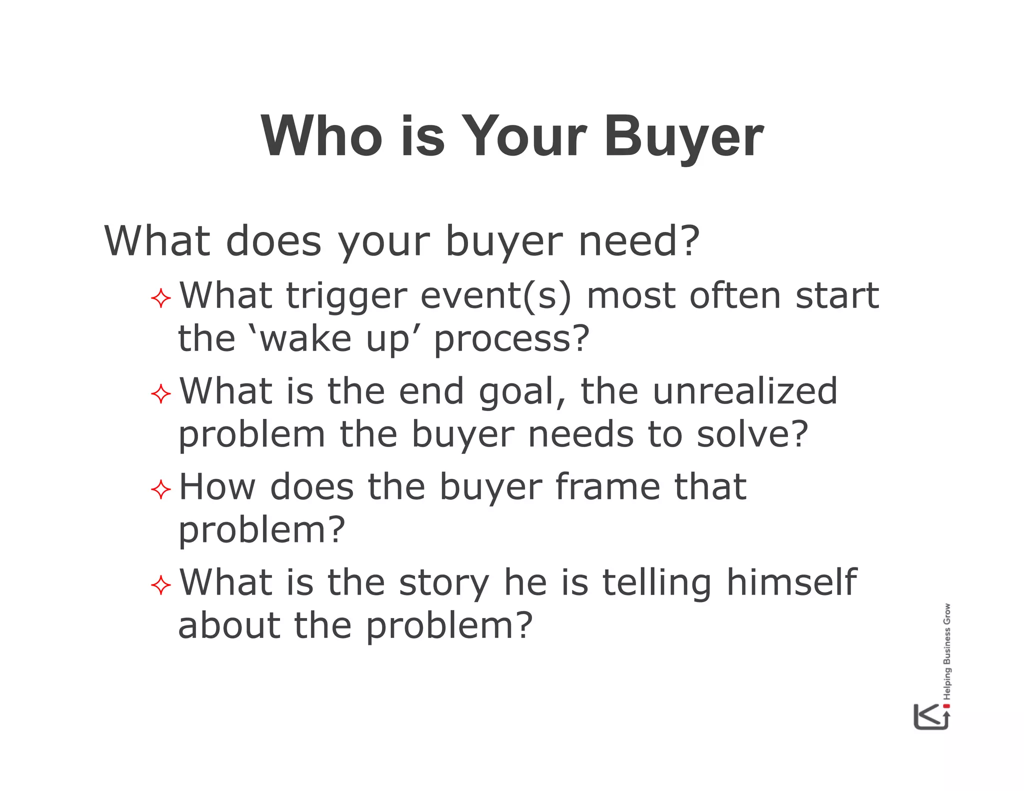 Who is Your Buyer
What does your buyer need?
²  What

trigger event(s) most often start
the ‘wake up’ process?
²  What is the end goal, the unrealized
problem the buyer needs to solve?
²  How does the buyer frame that
problem?
²  What is the story he is telling himself
about the problem?

 