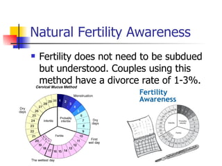 Natural Fertility Awareness Fertility does not need to be subdued but understood. Couples using this method have a divorce rate of 1-3%. 