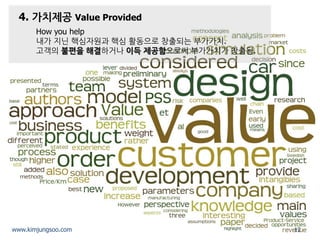 4. 가치제공 Value Provided 
How you help 내가 지닌 핵심자원과 핵심 활동으로 창출되는 부가가치. 고객의 불편을 해결하거나 이득 제공함으로써 부가가치가 창출됨. 
12 
www.kimjungsoo.com  