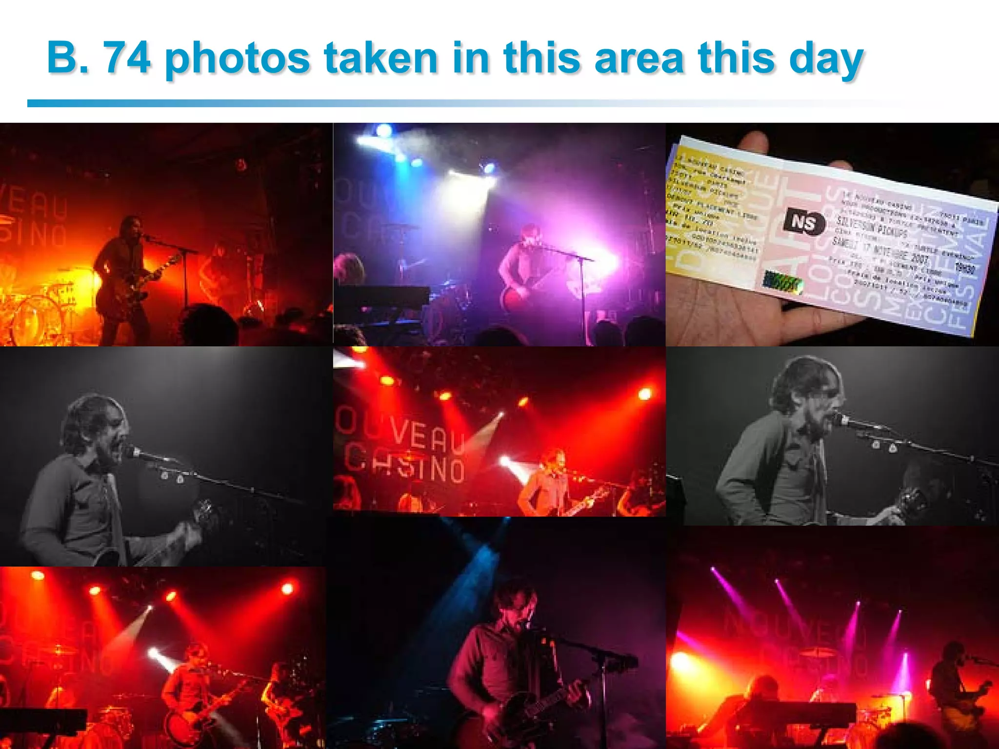 B. 74 photos taken in this area this day




   19/04/2011 -   Finding Media Illustrating Events - ICMR 2011, Trento, Italy   - 19
 