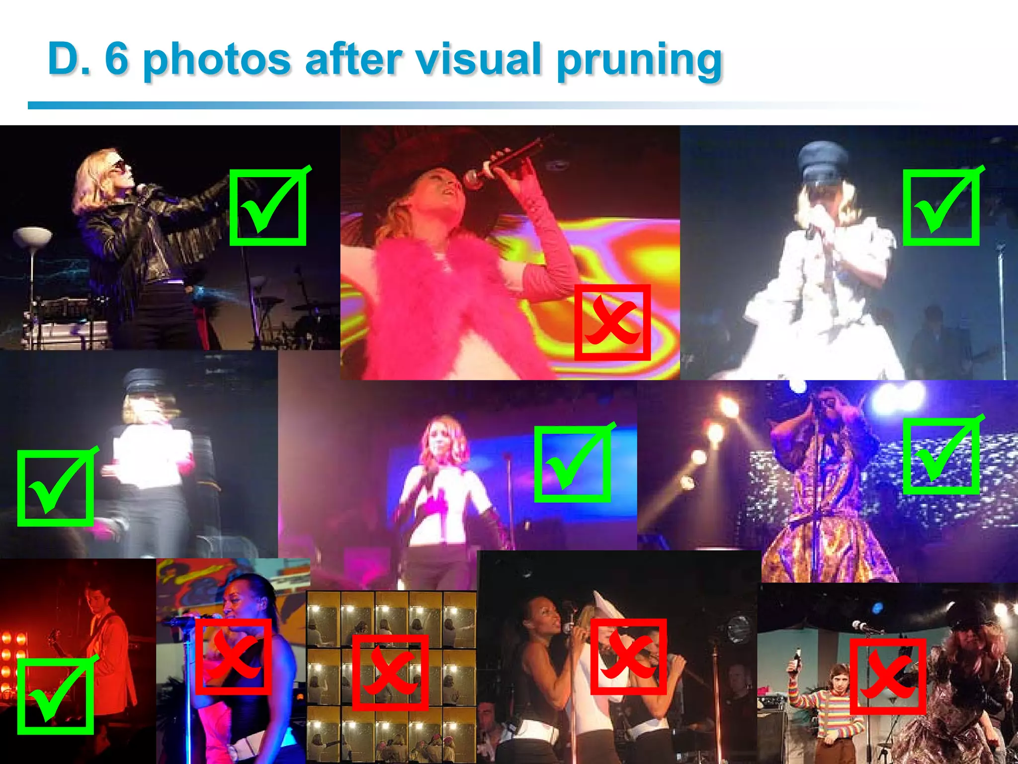 D. 6 photos after visual pruning


                                                                                            
                                                               
                                                                                           

  
    19/04/2011 -
                                                                          
                       Finding Media Illustrating Events - ICMR 2011, Trento, Italy   - 21
                                                                                             
 