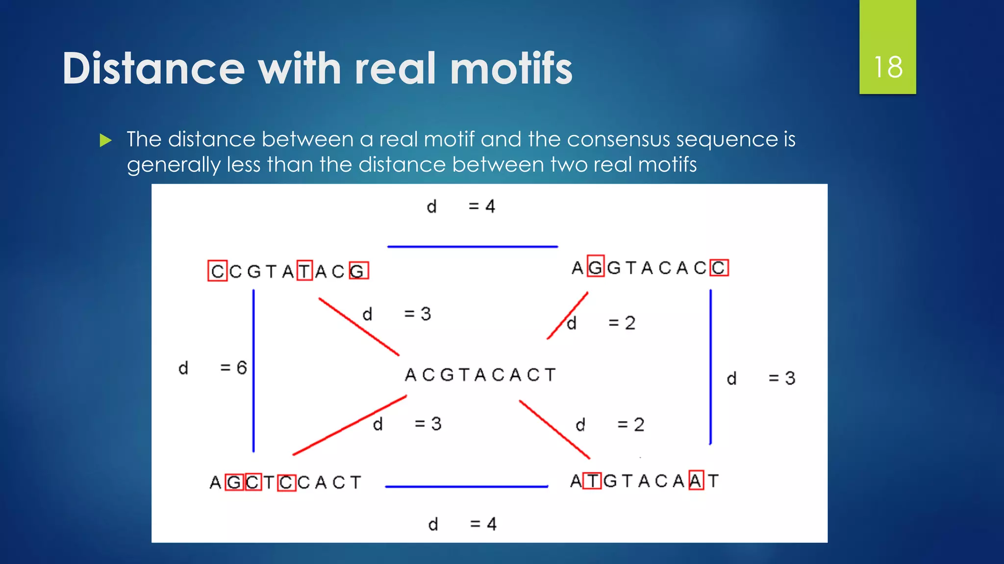 Distance with real motifs
 The distance between a real motif and the consensus sequence is
generally less than the distance between two real motifs
18
 