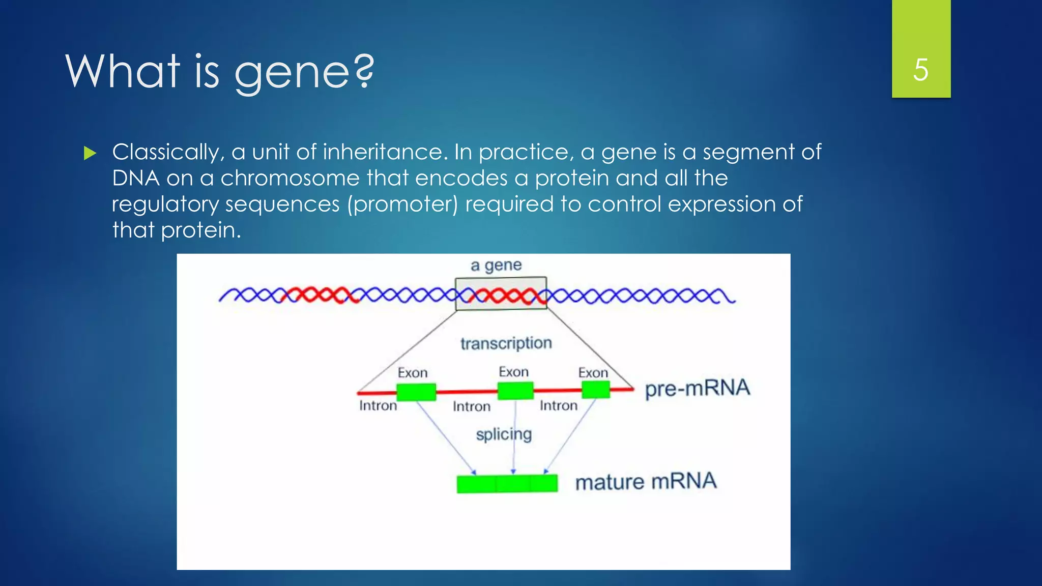 What is gene?
 Classically, a unit of inheritance. In practice, a gene is a segment of
DNA on a chromosome that encodes a protein and all the
regulatory sequences (promoter) required to control expression of
that protein.
5
 