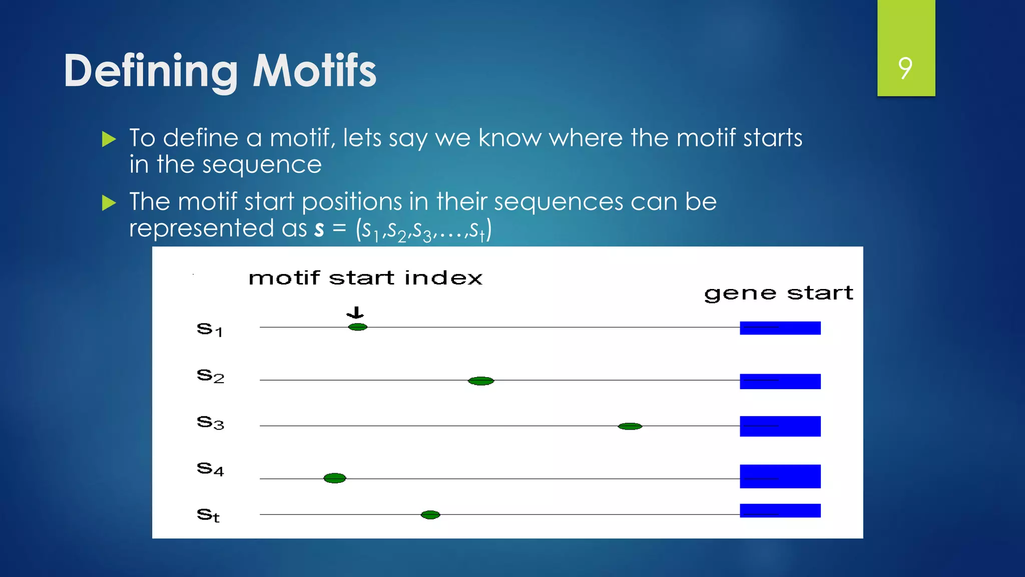Defining Motifs
 To define a motif, lets say we know where the motif starts
in the sequence
 The motif start positions in their sequences can be
represented as s = (s1,s2,s3,…,st)
9
 