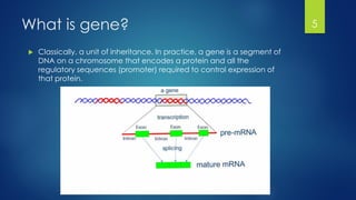 What is gene?
 Classically, a unit of inheritance. In practice, a gene is a segment of
DNA on a chromosome that encodes a protein and all the
regulatory sequences (promoter) required to control expression of
that protein.
5
 
