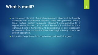 What is motif?
 A conserved element of a protein sequence alignment that usually
correlates with a particular function. Motifs are generated from a
local multiple protein sequence alignment corresponding to a
region whose function or structure is known. It is sufficient that it is
conserved, and is hence likely to be predictive of any subsequent
occurrence of such a structural/functional region in any other novel
protein sequence.
 It is said to be patterns that can be used to identify the gene
6
 