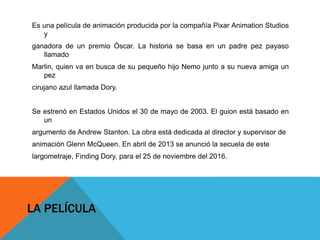 LA PELÍCULA
Es una película de animación producida por la compañía Pixar Animation Studios
y
ganadora de un premio Óscar. La historia se basa en un padre pez payaso
llamado
Marlin, quien va en busca de su pequeño hijo Nemo junto a su nueva amiga un
pez
cirujano azul llamada Dory.
Se estrenó en Estados Unidos el 30 de mayo de 2003. El guion está basado en
un
argumento de Andrew Stanton. La obra está dedicada al director y supervisor de
animación Glenn McQueen. En abril de 2013 se anunció la secuela de este
largometraje, Finding Dory, para el 25 de noviembre del 2016.
 