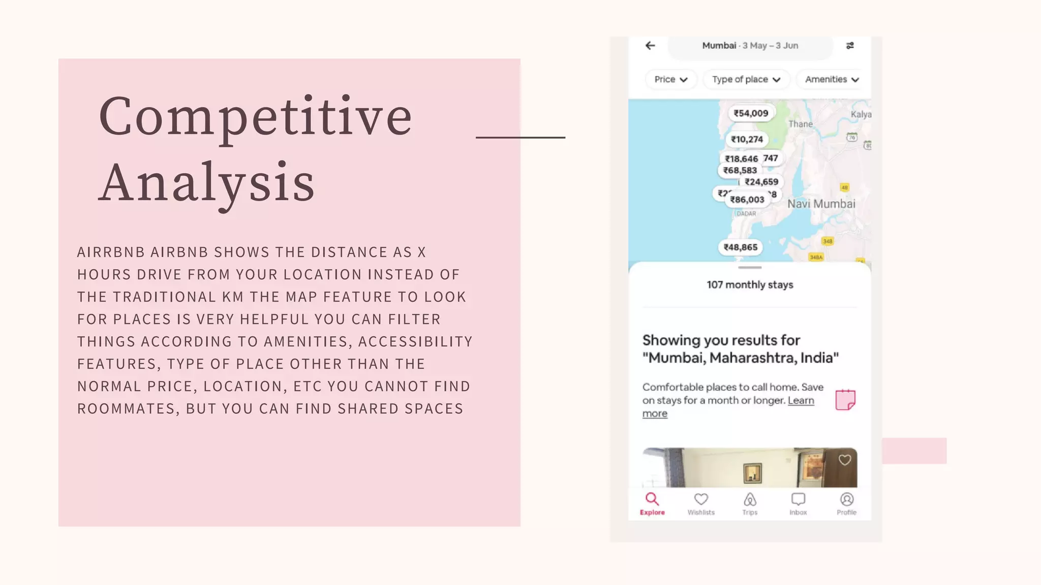 AIRRBNB AIRBNB SHOWS THE DISTANCE AS X
HOURS DRIVE FROM YOUR LOCATION INSTEAD OF
THE TRADITIONAL KM THE MAP FEATURE TO LOOK
FOR PLACES IS VERY HELPFUL YOU CAN FILTER
THINGS ACCORDING TO AMENITIES, ACCESSIBILITY
FEATURES, TYPE OF PLACE OTHER THAN THE
NORMAL PRICE, LOCATION, ETC YOU CANNOT FIND
ROOMMATES, BUT YOU CAN FIND SHARED SPACES
Competitive
Analysis
 