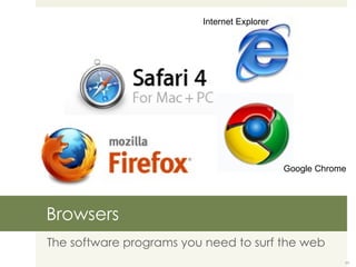 Browsers The software programs you need to surf the web Internet Explorer Google Chrome 
