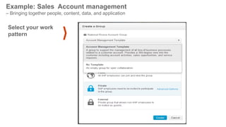 ©2014 SAP AG or an SAP affiliate company. All rights reserved. 
18 
Example: Sales Account management – Bringing together people, content, data, and application 
Select your work pattern  