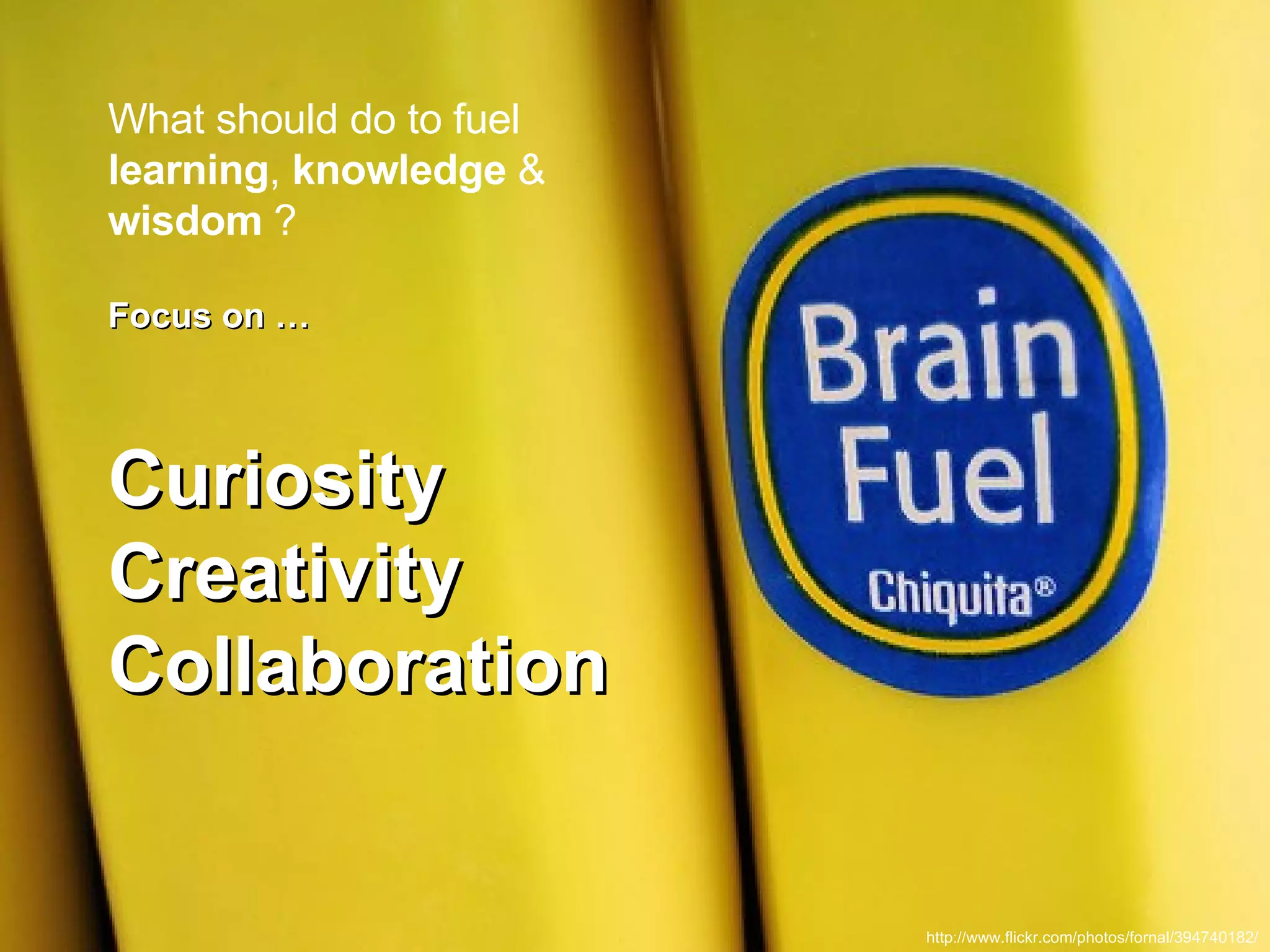 What should do to fuel  learning ,  knowledge  &  wisdom  ? Focus on … Curiosity Creativity Collaboration http://www.flickr.com/photos/fornal/394740182/ 