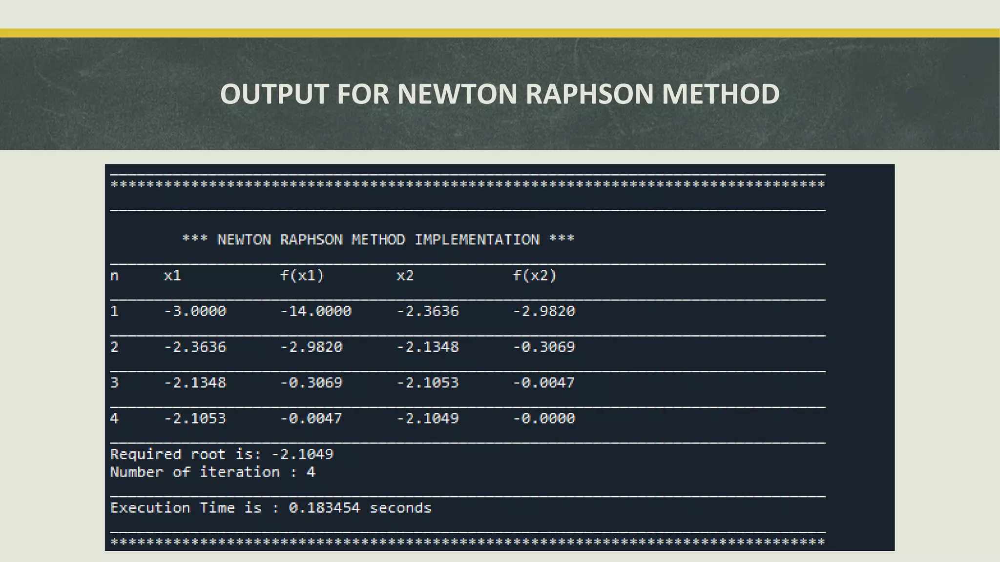 OUTPUT FOR NEWTON RAPHSON METHOD
 