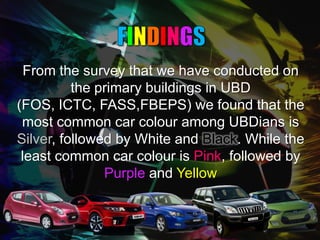 From the survey that we have conducted on
          the primary buildings in UBD
(FOS, ICTC, FASS,FBEPS) we found that the
 most common car colour among UBDians is
Silver, followed by White and Black. While the
 least common car colour is Pink, followed by
               Purple and Yellow
 