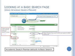 LOOKING AT A BASIC SEARCH PAGE
    (USING ACADEMIC SEARCH PREMIER)

                 Choose your search type.
                                            This shows which database you’re in.




Check this box
if you want to
limit your
search to ONLY
scholarly                                             Check this box if you want to limit your search to ONLY
articles.                                             articles with full text.




      Academic Search Premier defaults to Basic Search.
 