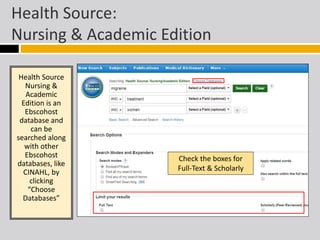 Health Source: 
Nursing & Academic Edition 
Health Source 
Nursing & 
Academic 
Edition is an 
Ebscohost 
database and 
can be 
searched along 
with other 
Ebscohost 
databases, like 
CINAHL, by 
clicking 
“Choose 
Databases” 
Check the boxes for 
Full-Text & Scholarly 
 